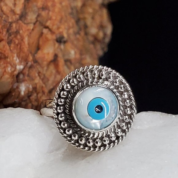 Sterling Silver 925 Ring Evil Eye Protective Designer Mother Of Pearl - Picture 1 of 7